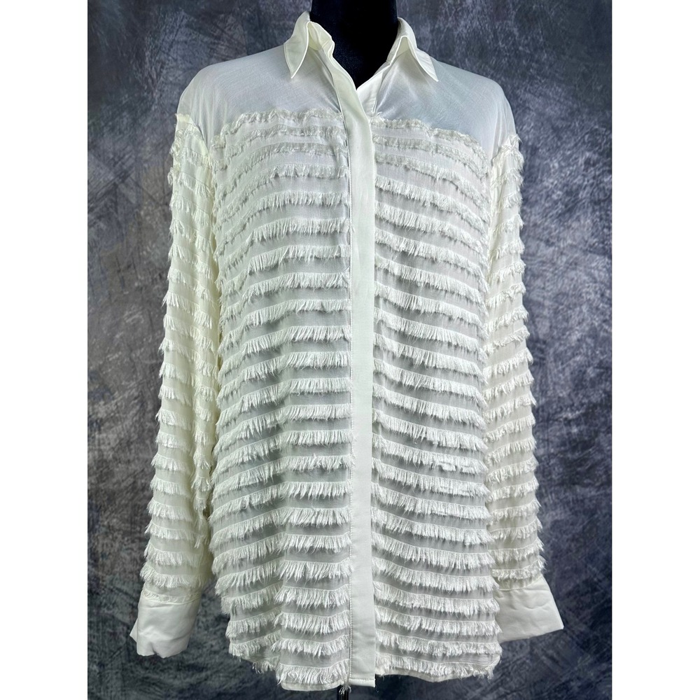 L'AGENCE Fringe Button Down Blouse Women Size M Ivory White 4705FIL